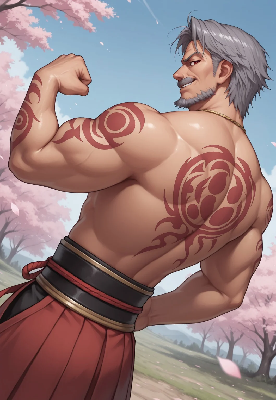 masterpiece, best quality, amazing quality, AdrayLasbard, mature male, grey hair, short hair, red eyes, facial hair, mustache, necklace, shirtless, muscular, arm tattoos, belt, red hakama, upper body, detailed background, dynamic pose, open field, sakura trees, blue sky, dutch angle, petals on the wind, looking at viewer, smirk, cowboy shot, from behind, back tattoo, flexing, striking a pose, one hand on hip, side view,