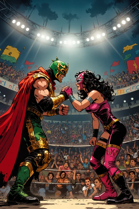 In the center of a roaring arena, a broad-shouldered Mexican luchador with a bold green-and-gold mask flexes his arms, his elaborate red cape flowing behind him. Facing him, a petite but powerful Brazilian woman in a striking pink and black wrestling suit adjusts her own intricately designed mask, her curly dark hair spilling from beneath it. The lights shine down on them as they prepare to clash, their vibrant costumes dazzling against the electrified crowd, banners waving wildly in the background. <lora:Ev_Ganin:0.4><lora:Vintage comic book:0.4><lora:RetroAnimeFluxV1:0.15><lora:Greg_Capullo_style:0.4><lora:jeanClaude_Mzires_Style_FLUX-000001:0.4><lora:Flux_Ink_Anime:0.4>