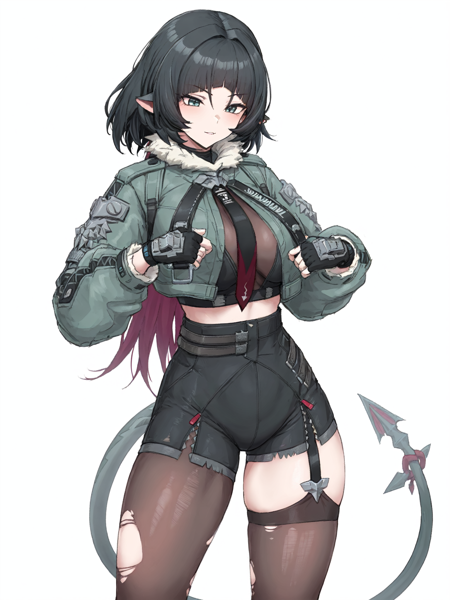 8k,best quality,masterpiece,(ultra-detailed),(high detailed skin),
jiandoe,tail,pointy ears,default clothes,green jacket,1girl,black hair,torn clothes,gloves,fingerless gloves,shorts,torn  suspenders,suspenders,necktie,sling,
full-length picture,White background,transparent background,<lora:jiandoe-noob-Tanger:0.8>,