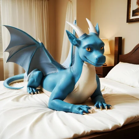 score_9, score_8_up, score_7_up, score_6_up, score_5_up, score_4_up, masterpiece, high quality, realistic, detailed, best quality, white bed, solo, rating_safe, source_furry, bedroom, smiling, seductive, looking at viewer, lying on stomach, full body, detailed eyes, feral, lorem_awsw, dragon, blue scales, wings, horns, tail, claws, yellow eyes