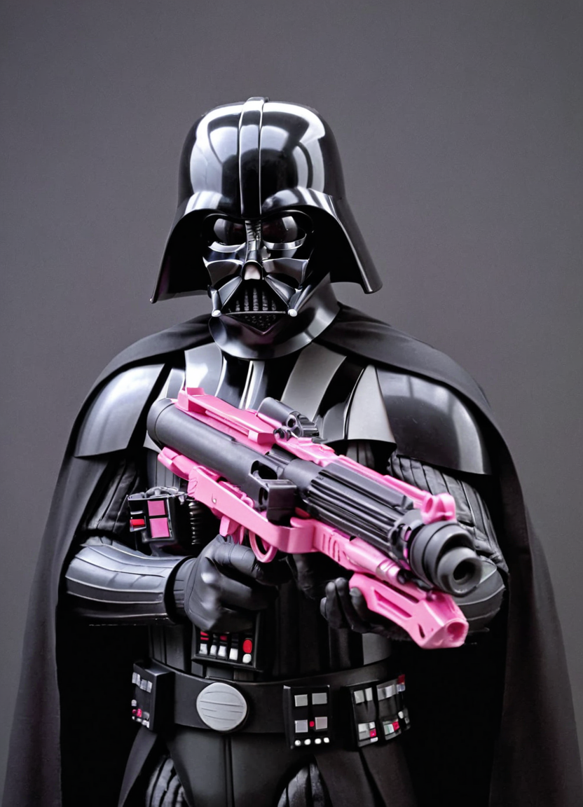 close-up portrait of darth vader holding a pink e11blstr rifle,
 <lora:Blastech_E-11_Blaster_Rifle_-_Stormtrooper_Blaster_SDXL:0.8>