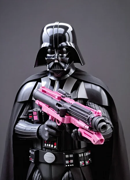 close-up portrait of darth vader holding a pink e11blstr rifle,
 <lora:Blastech_E-11_Blaster_Rifle_-_Stormtrooper_Blaster_SDXL:0.8>