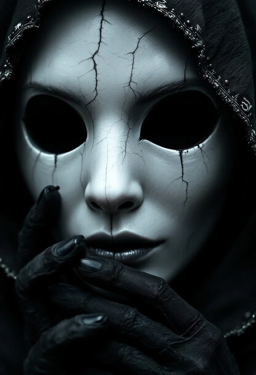 A cinematic close-up captures a faceless woman, deep in shadow. The camera peers through one of the mask's eyeholes, revealing the sharp, dark silhouette of the head of the shapeless, ghostly figure. Her face is a void—an endless, smooth, pitch-black nothingness where her features should be. Her hood has fallen back, revealing a bald, perfectly smooth scalp that gleams faintly in the dim light like polished obsidian. The ancient hood, once covering her, now hangs limp over her shoulders, its tattered fabric stitched with silver runes that flicker faintly like dying embers, nearly lost in the surrounding darkness.
In her gloved hands, worn velvet clings to trembling fingers as she holds a porcelain mask—pale and cold, grotesque in its simplicity, shaped like a rabbit's face. The eerie smile is stretched unnaturally wide, too far, its eyes hollow and lifeless, staring into empty space. Cracks run along its cheeks like dried riverbeds, and the long ears—elongated and impossibly thin—stretch outward, standing out against the deep shadows. They twitch, almost alive in the stillness, their forms exaggerated in their height and delicacy, piercing the darkness like unsettling tendrils of bone.
The camera focuses entirely on the mask, emphasizing the elongated, delicate ears, which loom large in the composition. Only sharp slivers of sickly blue light outline the mask’s edge, the hollow where her face should be, and the eerie, towering ears that seem to reach toward the unknown.