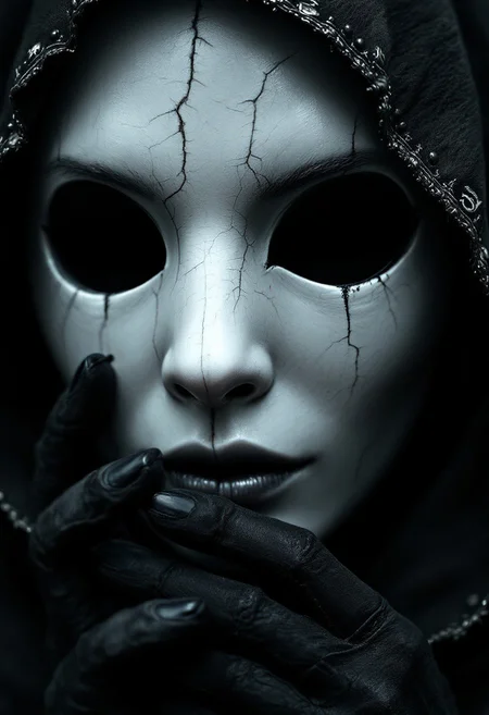 A cinematic close-up captures a faceless woman, deep in shadow. The camera peers through one of the mask's eyeholes, revealing the sharp, dark silhouette of the head of the shapeless, ghostly figure. Her face is a void—an endless, smooth, pitch-black nothingness where her features should be. Her hood has fallen back, revealing a bald, perfectly smooth scalp that gleams faintly in the dim light like polished obsidian. The ancient hood, once covering her, now hangs limp over her shoulders, its tattered fabric stitched with silver runes that flicker faintly like dying embers, nearly lost in the surrounding darkness.
In her gloved hands, worn velvet clings to trembling fingers as she holds a porcelain mask—pale and cold, grotesque in its simplicity, shaped like a rabbit's face. The eerie smile is stretched unnaturally wide, too far, its eyes hollow and lifeless, staring into empty space. Cracks run along its cheeks like dried riverbeds, and the long ears—elongated and impossibly thin—stretch outward, standing out against the deep shadows. They twitch, almost alive in the stillness, their forms exaggerated in their height and delicacy, piercing the darkness like unsettling tendrils of bone.
The camera focuses entirely on the mask, emphasizing the elongated, delicate ears, which loom large in the composition. Only sharp slivers of sickly blue light outline the mask’s edge, the hollow where her face should be, and the eerie, towering ears that seem to reach toward the unknown.