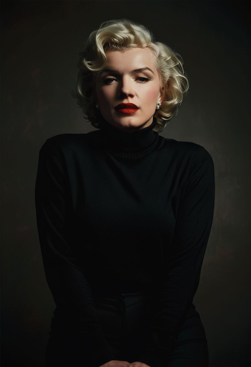 minimal moody closeup portrait of Marylin Monroe wearing a black turtleneck sweater emerging from the shadows