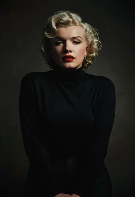 minimal moody closeup portrait of Marylin Monroe wearing a black turtleneck sweater emerging from the shadows