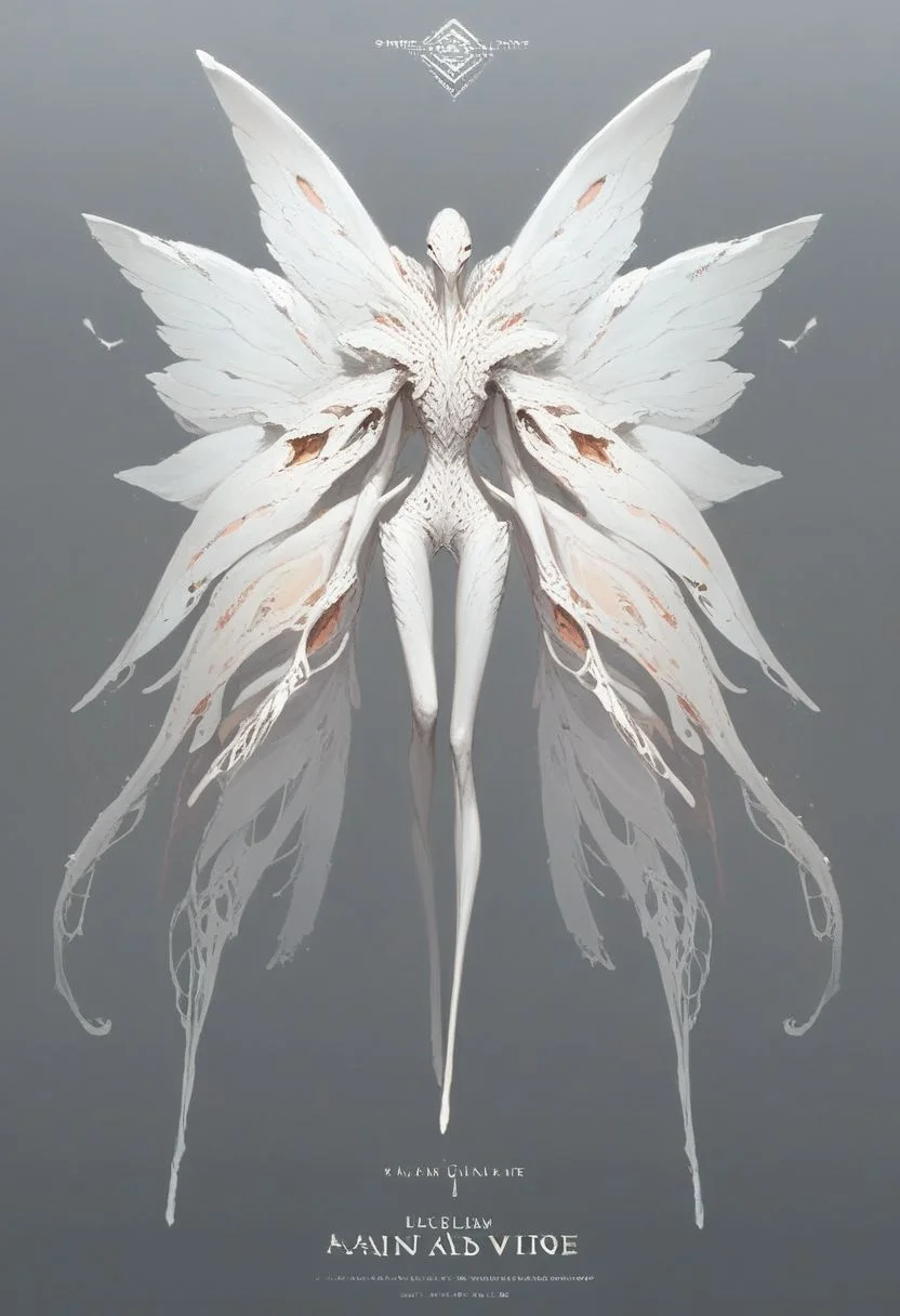 score_9, score_8_up, source_anime, anthropomorphic, unusual creature, creature, concept art, creature, beautiful alien, anthropomorphic, concept art, creature, alien, anthropomorphic, completely white, thin legs,(((completely white body)))), wings