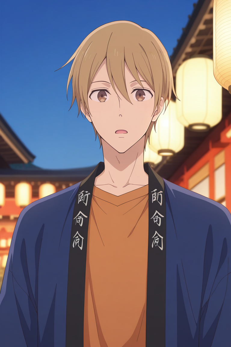 masterpiece, best quality, amazing quality,high resolution, intricate details,official style,depth of field,anime screencap, , , 1boy, solo, male focus,<lora:Yagi_Tomoya:0.87>,yagi tomoya,light brown hair,brown eyes,short hair,open mouth,blue jacket,orange shirt, traditional clothes,outdoors,looking at viewer,open clothes, japanese clothes,lantern,paper lantern