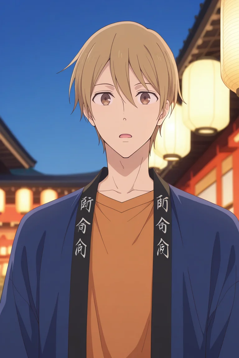 masterpiece, best quality, amazing quality,high resolution, intricate details,official style,depth of field,anime screencap, , , 1boy, solo, male focus,<lora:Yagi_Tomoya:0.87>,yagi tomoya,light brown hair,brown eyes,short hair,open mouth,blue jacket,orange shirt, traditional clothes,outdoors,looking at viewer,open clothes, japanese clothes,lantern,paper lantern