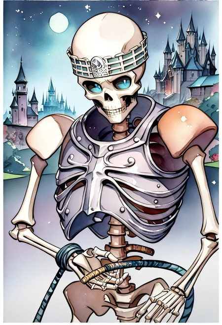 (((anatomical hands))), skeleton with knight armor standing with a long sword, blue eyes, score_9, score_8_up, score_7_up, score_6_up, score_5_up, score_4_up, ((skeleton)), black rusty armor, (((jeweled headband))), stylized brown breastplate, (((whip))), steel sword, ((((whip with handle)))), ((single sword in hand)), ((action pose)), (((((single pauldron))))), metal wristbands, (((((bald))))), ((((castle background)))), bright moon, dark cloudy skies, blu glowing eyes, black sclera, empty eyes, (watercolor painting:2), night, ((spooky backdrop)),, spooky castle behind, bats flying, bones with fissures