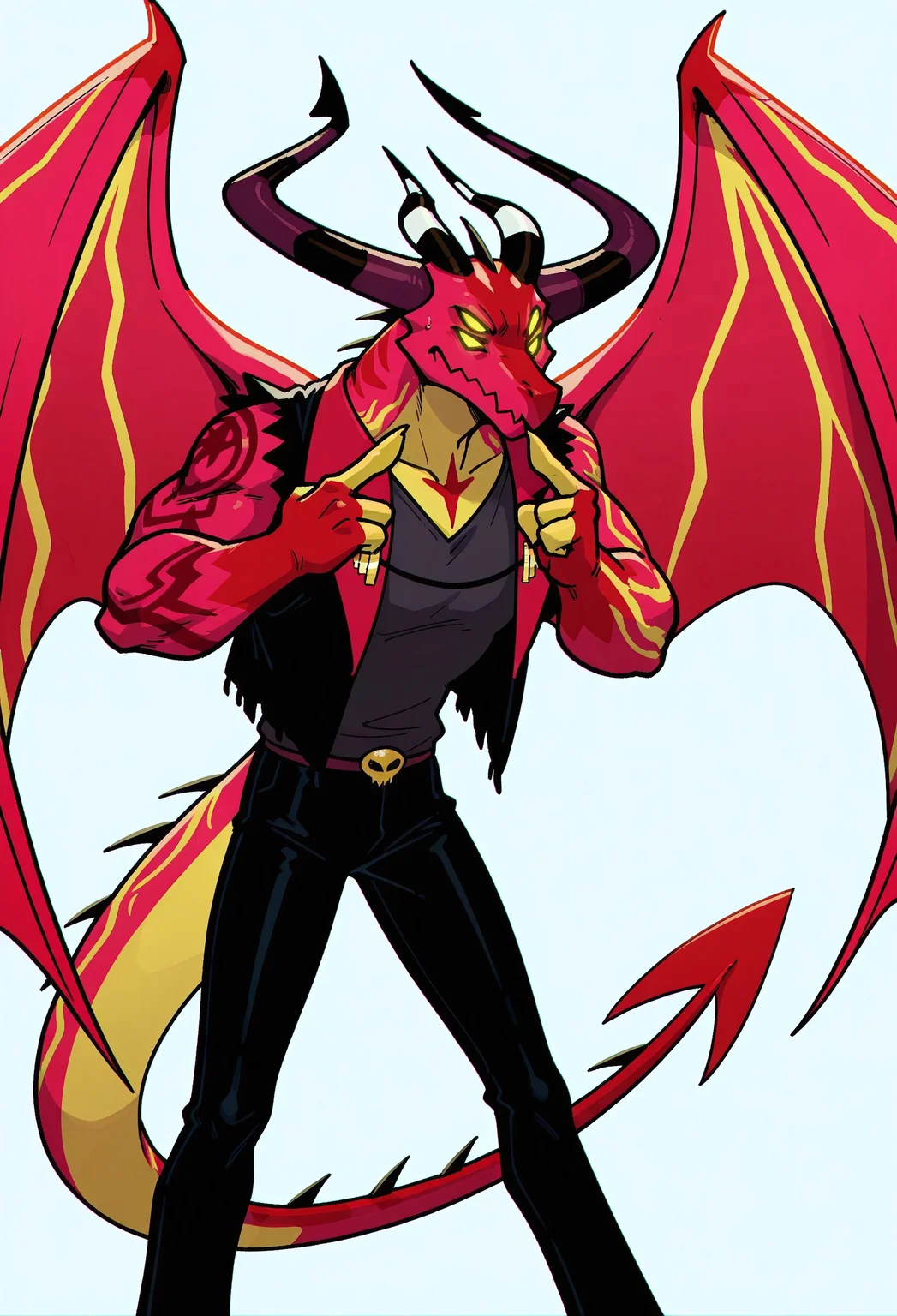 masterpiece,best quality,amazing quality,satanhelluvaboss, horns, dragon, demon, tattoo, multiple eyes, four eyes , 1boy, wings, solo, white background, (4fingers), nice horns, jacket,pure black pants, Standing, yellow eyes, detailed eyes, yellow fingers