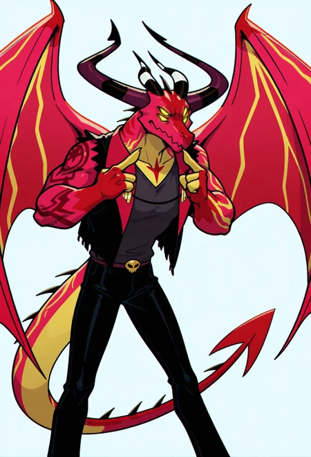 masterpiece,best quality,amazing quality,satanhelluvaboss, horns, dragon, demon, tattoo, multiple eyes, four eyes , 1boy, wings, solo, white background, (4fingers), nice horns, jacket,pure black pants, Standing, yellow eyes, detailed eyes, yellow fingers