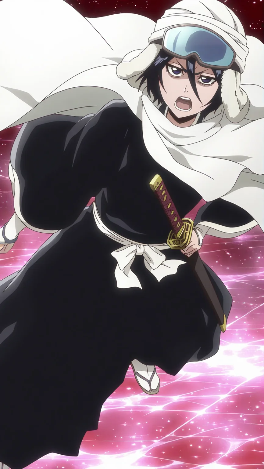 source_anime, masterpiece, best quality, amazing quality, anime screencap, high quality, 8k, absurdres, official style, <lora:Rukia_Kuchiki_TYBW_iL:1>, ruk14 kuch1k1, black hair, short hair, purple eyes, hair between eyes, part 2 outfit, japanese clothes, sword, cape, katana, zouri, tabi, cloak, white cloak, turban, tekko, goggles on head, goggles, angry, looking at viewer, holding, sword,