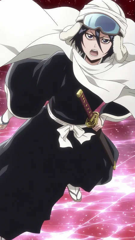 source_anime, masterpiece, best quality, amazing quality, anime screencap, high quality, 8k, absurdres, official style, <lora:Rukia_Kuchiki_TYBW_iL:1>, ruk14 kuch1k1, black hair, short hair, purple eyes, hair between eyes, part 2 outfit, japanese clothes, sword, cape, katana, zouri, tabi, cloak, white cloak, turban, tekko, goggles on head, goggles, angry, looking at viewer, holding, sword,