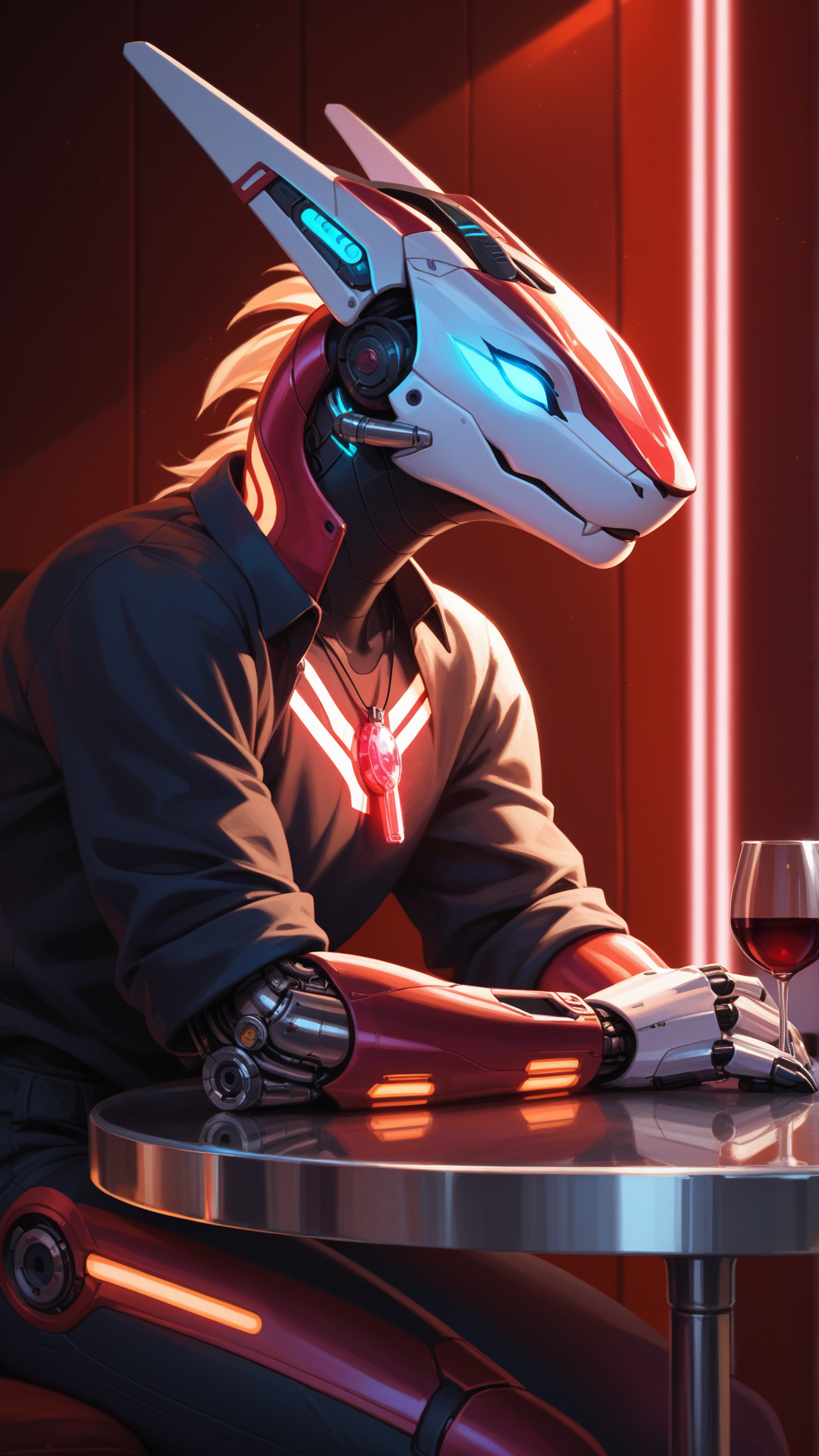 score_9, score_8_up, score_7_up, score_6_up, score_5_up, source_furry
closed eyes
1girl, solo, cyborg furry, glowing panels, chrome limbs, mechanical body, furry tail, glowing circuits, sleek design
futuristic long-sleeve shirt, glowing panels, chrome finish, digital design
futuristic pants, glowing lines, chrome finish, sleek design
softly glowing pendant light over a dining table, with a single plate and a glass of wine