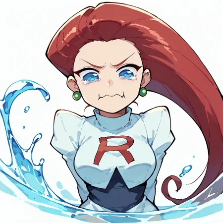 score_9,score_8_up,score_7_up,score_6_up,score_5_up,score_4_up, white background, solo, 1girl, aquacrying, wavy mouth, closed mouth, tearing up, EPpkJessie, long hair, blue eyes, red hair, hair slicked back, water splash, flying ribbons, face focus,