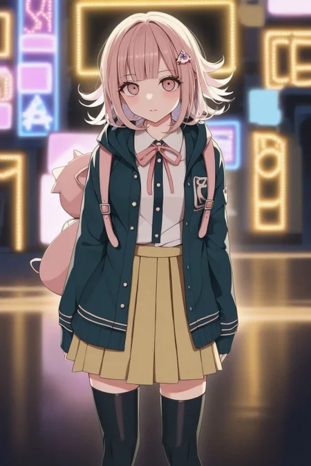 <lora:nanami_chiaki AID XL-000002:1>,1girl,solo,nanami chiaki,hair ornament,lack jacket,long sleeves,two-tone shirt,neck ribbon,brown skirt,thighhighs,backpack,Standing on the ground,frontal,front view,Positive por,masterpiece,best quality,very aesthetic,absurdres,neon lights,