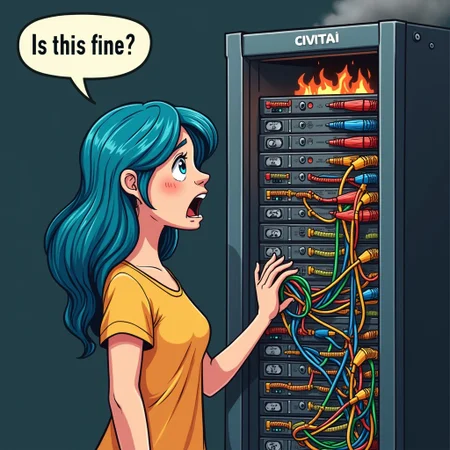 a young woman with blue hair stands in front of a server rack, ((In a panic he rips many colorful patch cables out of the server rack)), (on the server rack is the text: "CIVITAI"), (Above his head is a speech bubble with the text: "Is this fine?"), the server rack is burning and smoking, view from side, side view,