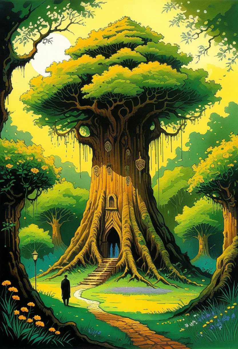 <lora:kallmekris:0.5> kallmekris mixed with <lora:esme_sdxl:0.5> esme , fantasy, fantasy art, A mystical forest filled with ancient trees, glowing flowers, and ethereal creatures like fairies and talking animals. animals, fairies, magical creatures, fantastic beasts, The atmosphere is both enchanting and eerie, with shadows of lurking dangers. In the center, a majestic tree with golden leaves serves as a gateway to different realms. Bengali landscape, Indian landscape,, i oil painting, palette knife soft brushstrokes, heavy strokes, dripping paint, art station on trend, sharp focus, intricate details, highly detailed ,art by enki bilal, art by philippe druillet, art by moebius, inspired by french comics art ,art by Jakub Rozalski,