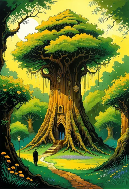 <lora:kallmekris:0.5> kallmekris mixed with <lora:esme_sdxl:0.5> esme , fantasy, fantasy art, A mystical forest filled with ancient trees, glowing flowers, and ethereal creatures like fairies and talking animals. animals, fairies, magical creatures, fantastic beasts, The atmosphere is both enchanting and eerie, with shadows of lurking dangers. In the center, a majestic tree with golden leaves serves as a gateway to different realms. Bengali landscape, Indian landscape,, i oil painting, palette knife soft brushstrokes, heavy strokes, dripping paint, art station on trend, sharp focus, intricate details, highly detailed ,art by enki bilal, art by philippe druillet, art by moebius, inspired by french comics art ,art by Jakub Rozalski,