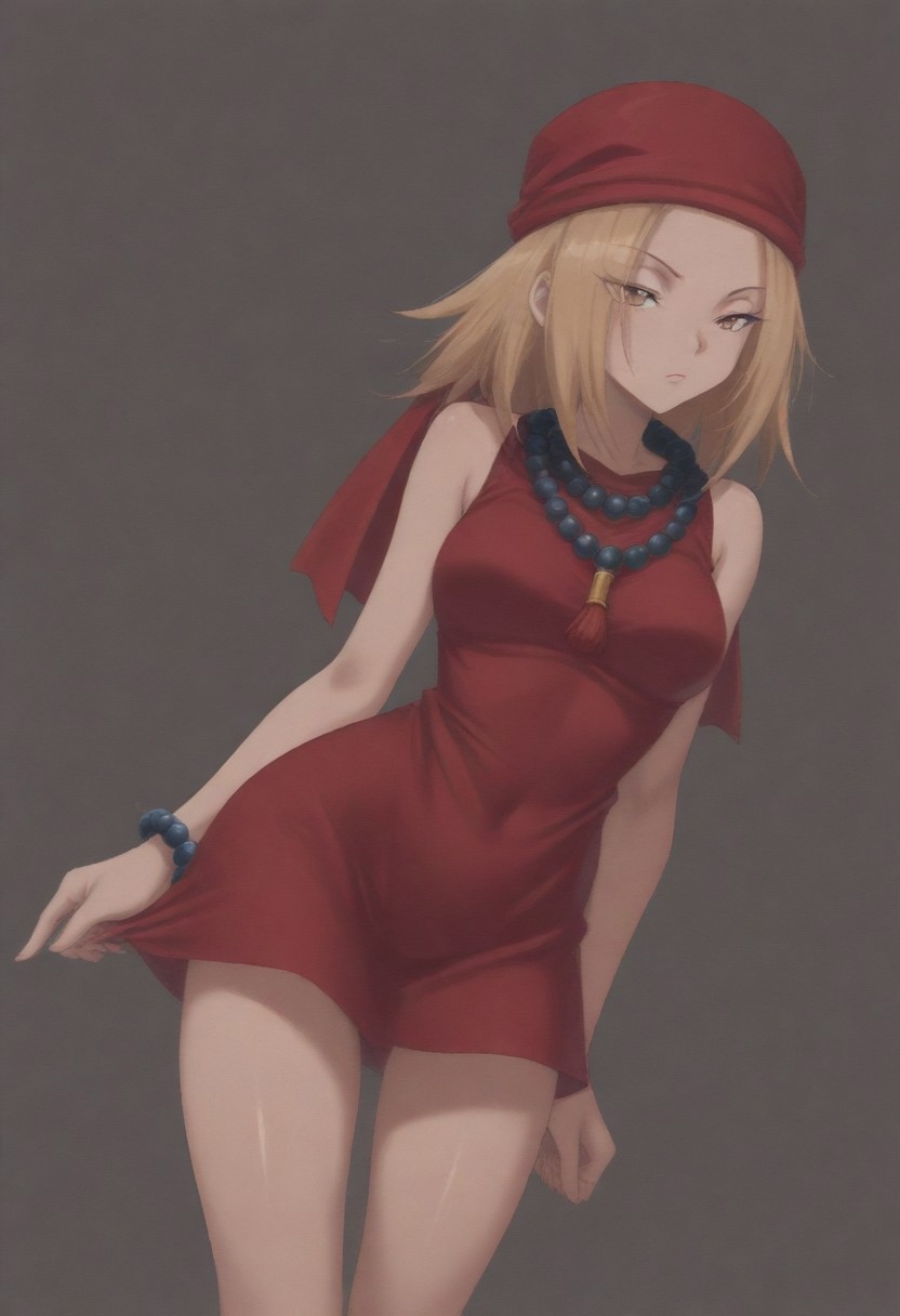 masterpiece, best quality, amazing quality,,, shiny skin,,,,,kojiann, short hair, blonde hair, brown eyes, short dress, sleeveless, bead necklace, red bandana, bracelet, <lora:Anna IXL 2-000013:1>