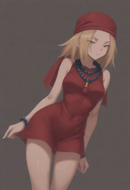 masterpiece, best quality, amazing quality,,, shiny skin,,,,,kojiann, short hair, blonde hair, brown eyes, short dress, sleeveless, bead necklace, red bandana, bracelet, <lora:Anna IXL 2-000013:1>