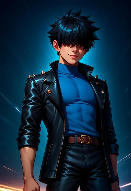 score_9, score_8_up, score_7_up, score_6_up, easynegative, ng_deepnegative_v1_75t, 1 boy, solo, bright dynamic skies in the background, detailed background, boy wearing a red shirt and a small black jacket, stylish, black hair, hair covering eyes, spikey hair, spiked hair facing front, boy's hair covering his eyes, hair over eyes, boy wearing a blue shirt and small black jacket in a road, boy looking in the distance, looking away, smiling, dark lighting, dark road, bright skies, full view, view from below,