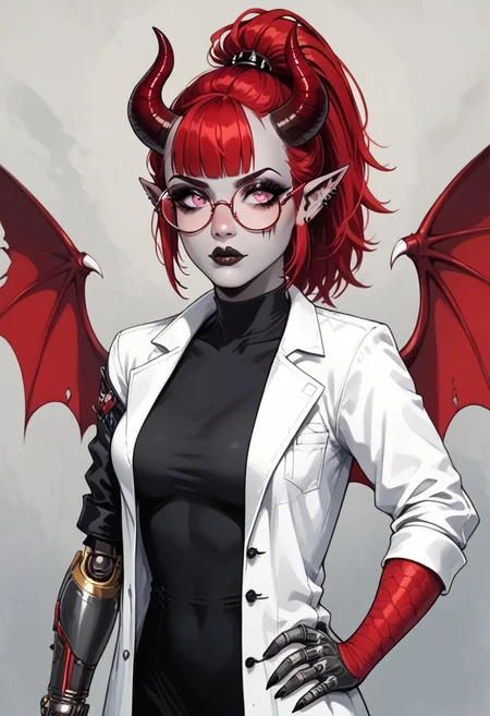 score_9, score_8_up, score_7_up, 1 character, solo, solo focus, BREAK, ((1 girl, , succubus, grey skin, goth, goth girl, goth makeup, grey colored skin, red hair, demon girl, horns, wings, bat wings, demon wings, red wings, lab coat, coat, single mechanical arm, glasses, round glasses, ponytail, high taied ponytail, side bangs, Oneprostethicarm, pink eyes,, amputee, prosthesis, prosthetic arm, medium breasts, pointy ears, hand on hip))