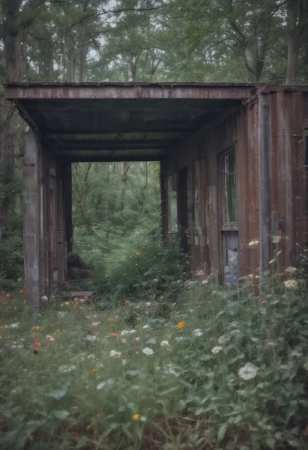 (masterpiece, 4k, medium format photo, bokeh, natural film grain) In the heart of the desolate metropolis, where towering structures of rusted steel and shattered glass stood as monuments to a forgotten era, a shipping container modernist house, beautiful interior nestled in the woods, The air was thick with life and awe, verdant nature, yet within the cottage, the hearth crackled with warmth, casting flickering shadows on the walls. The garden, a riot of wildflowers and vines enchant viewers, swirly bokeh