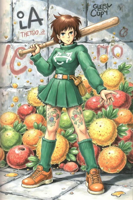 miyaha1 manga illustration
liquid splash, cartoonish juicy fruits chaos, dynamic pose, dynamic camera, a fashion shoot, an illustration of a woman threateningly holding a baseball bat in her hands, full body tattoo, wearing green short sweater, miniskirt, knee socks, orange sneakers, aggressive facial expression, wall with graffiti in the background.
<lora:miyaha1_cap_d6a3e12:0.9><lora:818072428426067539:0>
