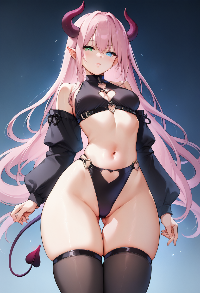 score_9, score_8_up, score_7_up, source_anime, 1girl,brown hair, green eyes, heterochromia, blue eyes, pink hair, succubus, succubus outfit, black outfit, medium breasts, thick thighs, wide hips,   <lora:Mignon-Style-PonyXL-000054:1>