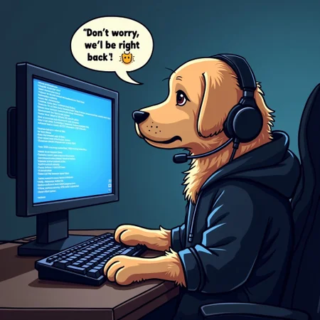 Portrait of a cute golden dog sitting in front of a computer screen, paws on keyboard, wearing a black hoodie and a gaming headset. The computer screen is a blue screen of death showing white unintelligible error text and an ascii frown face : ( . There is a text bubble coming from the dog's head, it says "Don't worry, we'll be right back"