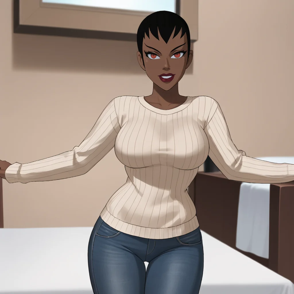<lora:vixendcau_pony_v1:.8>VixenSuit, 1girl, very dark skin, large breasts, dark-skinned female, black hair, red eyes, makeup, lipstick, cowboy shot, jeans, sweater