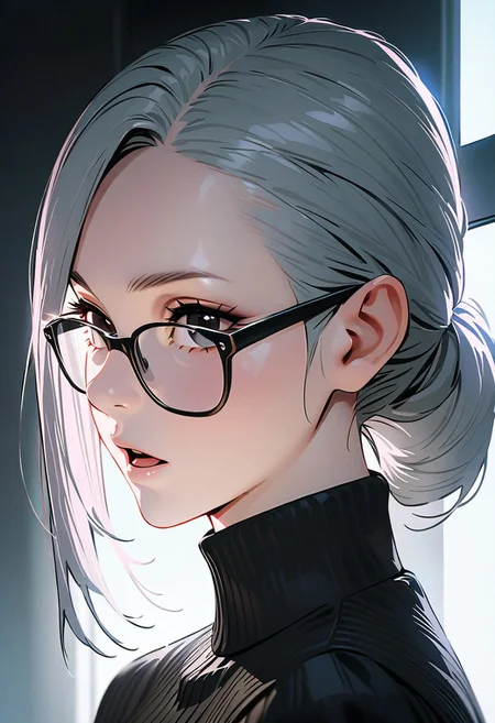 (graphic novel style, dark novel style:1.5),(anime), (masterpiece:1.4), (soft cinematic light:1.1), incredibly lifelike, Extremely high-resolution details, 8k, best quality,extremely detailed, contrast,
high tech design,
 gallery of contemporary art, inside, portrait old woman against the backdrop of a giant floor-to-ceiling window, through which one can see a city landscape with skyscrapers and a sunset , open mouth, one portrait ((elderly)) woman in a ((black long dress)) and black high-heeled shoes, elderly, old woman, [Nordic], Hourglass elongated body, Oval Face, Long neck, Rounded shoulders, long slim thin arms, Attached Pointed ears, round forehead, (gray Updo short combed back hair), snub nose, Arched eyebrows, Monolid black Eyes, High Round Narrow cheekbones, Hollow Cheeks, Rounded Chin, Rounded Jawline, thin Lips, (black eyes), (square glasses), (Wrinkles),