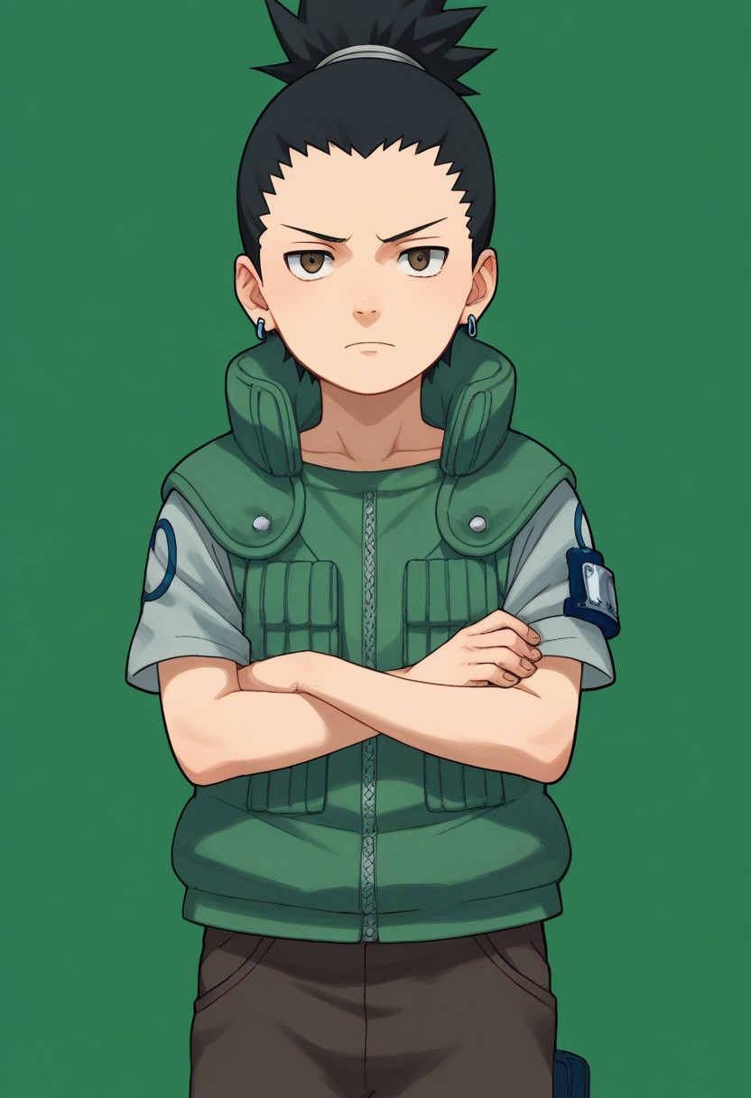 score_9, score_8_up, score_7_up, highly detailed, cute boy, 1boy, solo, young, Shikamaru_Nara, Brown Eyes, Black Hair, Ponytail, Earrings, Flak Jacket, vest, Armband, Brown Pants, Arms crossed,