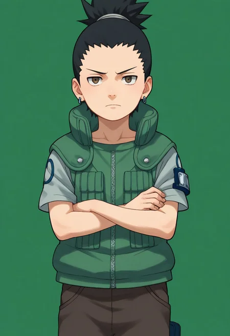 score_9, score_8_up, score_7_up, highly detailed, cute boy, 1boy, solo, young, Shikamaru_Nara, Brown Eyes, Black Hair, Ponytail, Earrings, Flak Jacket, vest, Armband, Brown Pants, Arms crossed,