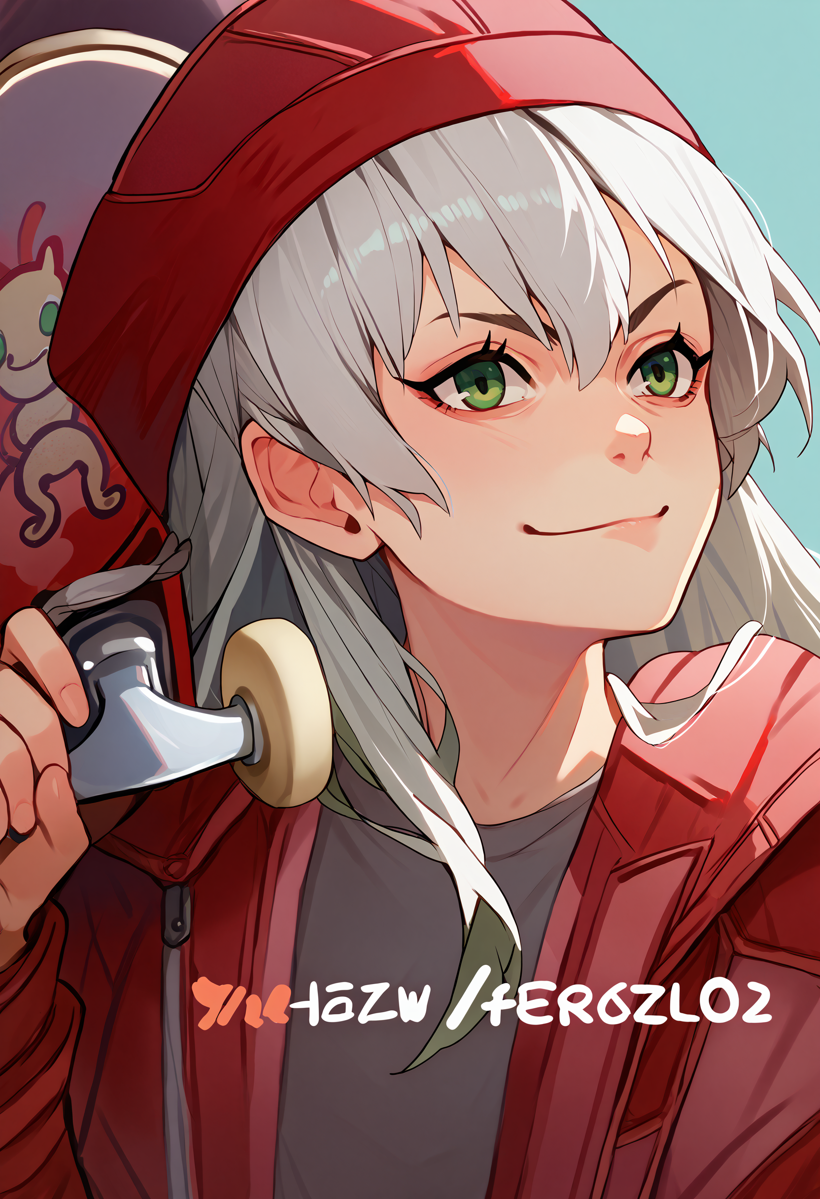score_9, score_8_up, score_7_up, 1girl, holding skateboard, upper body, red jacket, red headwear, <lora:HowDoYouDoFellowKidsMeme_pdxl_Incrs_v1:1>, <lora:elie-pdxl-nvwls-v2:1> zeroelie, grey hair, long hair, green eyes, smirk, hood,