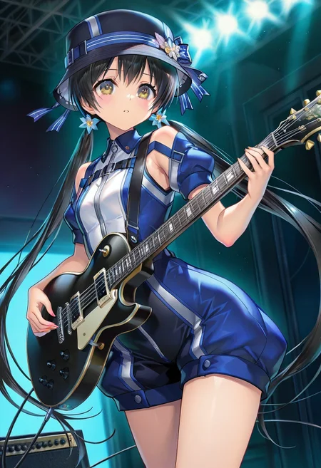 1girl, solo, (hinasawa yui, short jumpsuit, hat:1.2), electric guitar, gibson les paul,
(masterpiece, best quality, ultra-detailed), very aesthetic, newest, absurdres, highres,
<lora:LoraILXL01_cosYui_v1:1>