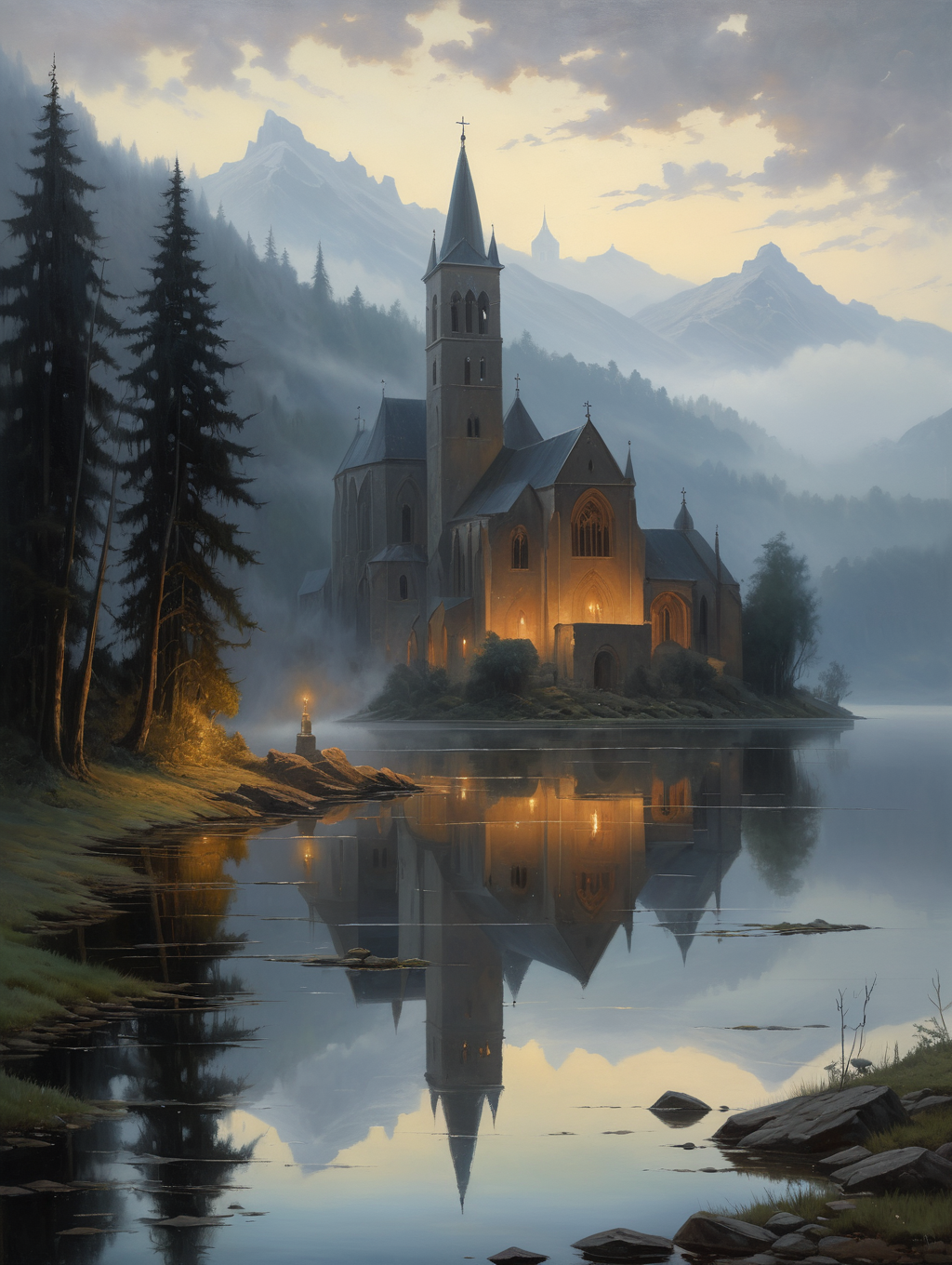 Horror-themed  , Oil painting, an old monastery lies idyllically on the shore of a calm lake, enveloped in a gentle morning mist. The light refracts on the mirror-smooth surface of the water, while monks silently say their prayers and the contours of the Gothic architecture blur in the diffuse light,
<lora:add-detail-xl:1.8>,
 . Eerie, unsettling, dark, spooky, suspenseful, grim, highly detailed, darkness, midnight, Extremely high-resolution details, fine texture