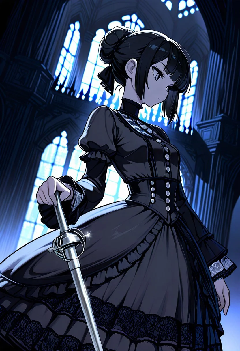 masterpiece, high_quality, highres, goth castle, dark lighting, dramatic lighting, dutch angle, cowboy shot,
1girl, KanekoMioasian, black hair, hair tied in a bun, wearing Jedgthd, gothic dress, black lace , high neck, long ruffled sleeves, silver buttons, holding a silver rapier, battle stance
