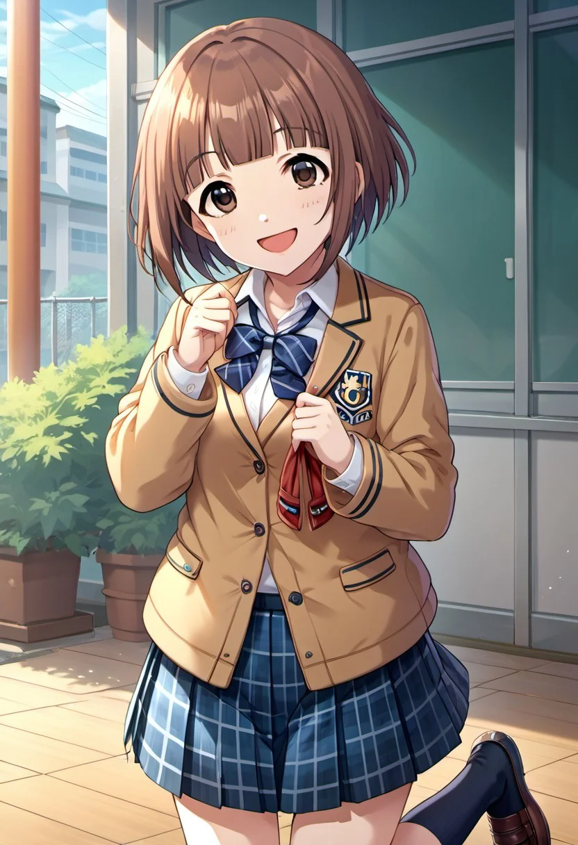 score_9, score_8_up, score_7_up, source_anime,  kitami yuzu, short hair, brown hair, brown eyes, 1girl, school uniform, skirt, solo, smile, plaid, plaid skirt, open mouth, pleated skirt, looking at viewer, socks, jacket