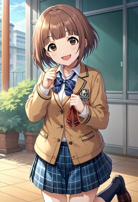 score_9, score_8_up, score_7_up, source_anime, kitami yuzu, short hair, brown hair, brown eyes, 1girl, school uniform, skirt, solo, smile, plaid, plaid skirt, open mouth, pleated skirt, looking at viewer, socks, jacket