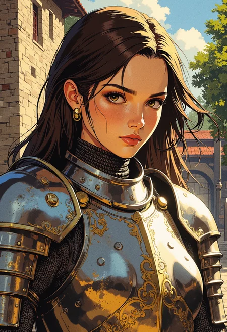 Image is an extreme close up digital fantasy artwork featuring female knight in shining armor. She has tan skin with long brunette hair thats slicked back. She's wearing heavy plate armor, with a gorget and shoulderpads. The armor is trimmed with gold and has intricate golden etchings on it. The background is of a castle courtyard, bright sun, clear sky, lush trees,