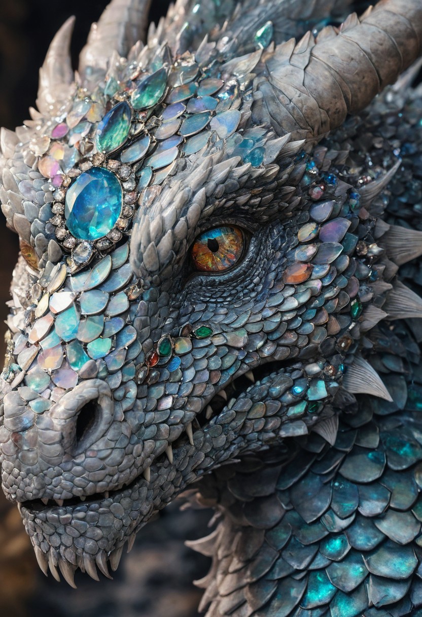 A beautiful portrait photograph of a dragon with diamond and gemstone scales, opal eyes, cinematic, gem, diamond, crystal, fantasy art, hyperdetailed photograph, shiny scales, 8k resolution,