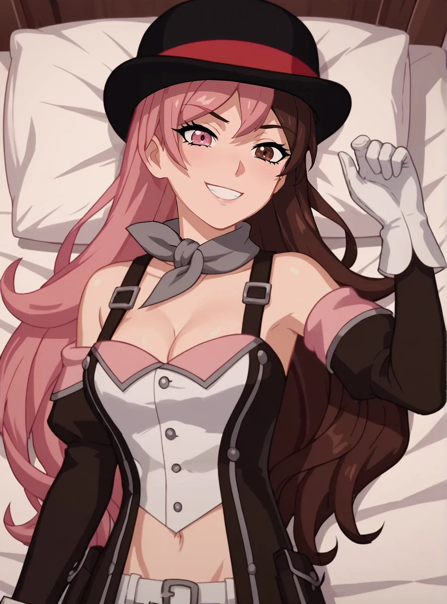 score_9, score_8_up, score_7_up, score_6_up, score_5_up, score_4_up, anime screencap, anime screencap, <lora:NeoPolitanVol7:0.8>neopilitantimeskip, 1girl, solo, hat, pink hair, brown hair, multicolored hair, long hair, split-color hair, gloves, heterochromia, bowler hat, cleavage, smile, pants lying on bed, from above,