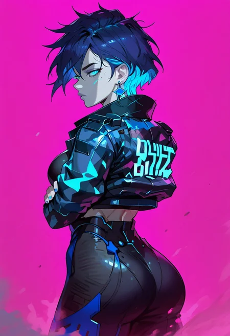 score_9, score_8_up, score_7_up, (((daytime, pink lighting)), (scifi, parking lot), young woman, pale skin, blues eyes, glowing eyes, detailed face, (seductive expression), Expressiveh, (blue star earrings), large breasts, (multi colored hair, streaked hair, dark blue hair, dark purple hair), (blue colored inner hair), short hair, messy hair, (purple and blue camouflage armored jacket), (standing, arms crossed) (city), (depth of field, rear view)