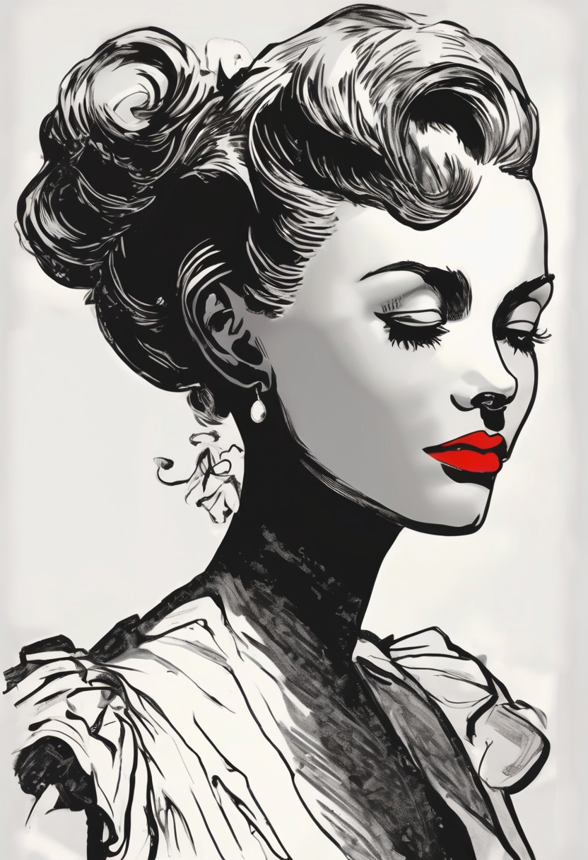 head and shoulders black and white silhouette of a tall and haughty modern Gibson Girl looking down her nose and curling her lip at the viewer, her elegant fitted cocktail dress is high necked and very tightly corseted with large gigot sleeves. red lips, medium breasts, long and wavy and elaborately styled hair, high cheekbones, perfect proportions, descending a grand staircase, moody atmosphere