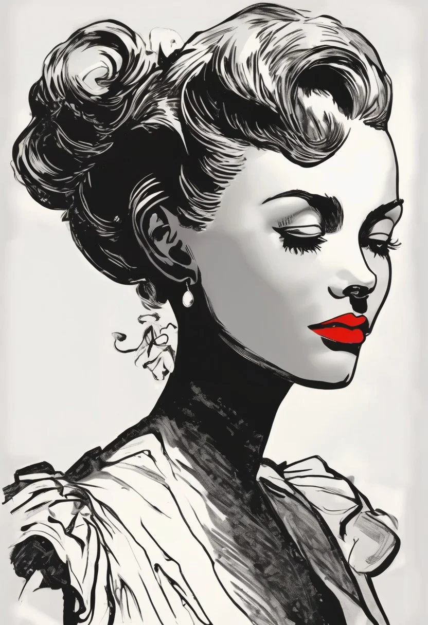 head and shoulders black and white silhouette of a tall and haughty modern Gibson Girl looking down her nose and curling her lip at the viewer, her elegant fitted cocktail dress is high necked and very tightly corseted with large gigot sleeves. red lips, medium breasts, long and wavy and elaborately styled hair, high cheekbones, perfect proportions, descending a grand staircase, moody atmosphere