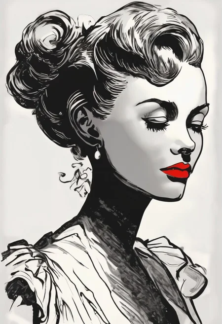 head and shoulders black and white silhouette of a tall and haughty modern Gibson Girl looking down her nose and curling her lip at the viewer, her elegant fitted cocktail dress is high necked and very tightly corseted with large gigot sleeves. red lips, medium breasts, long and wavy and elaborately styled hair, high cheekbones, perfect proportions, descending a grand staircase, moody atmosphere