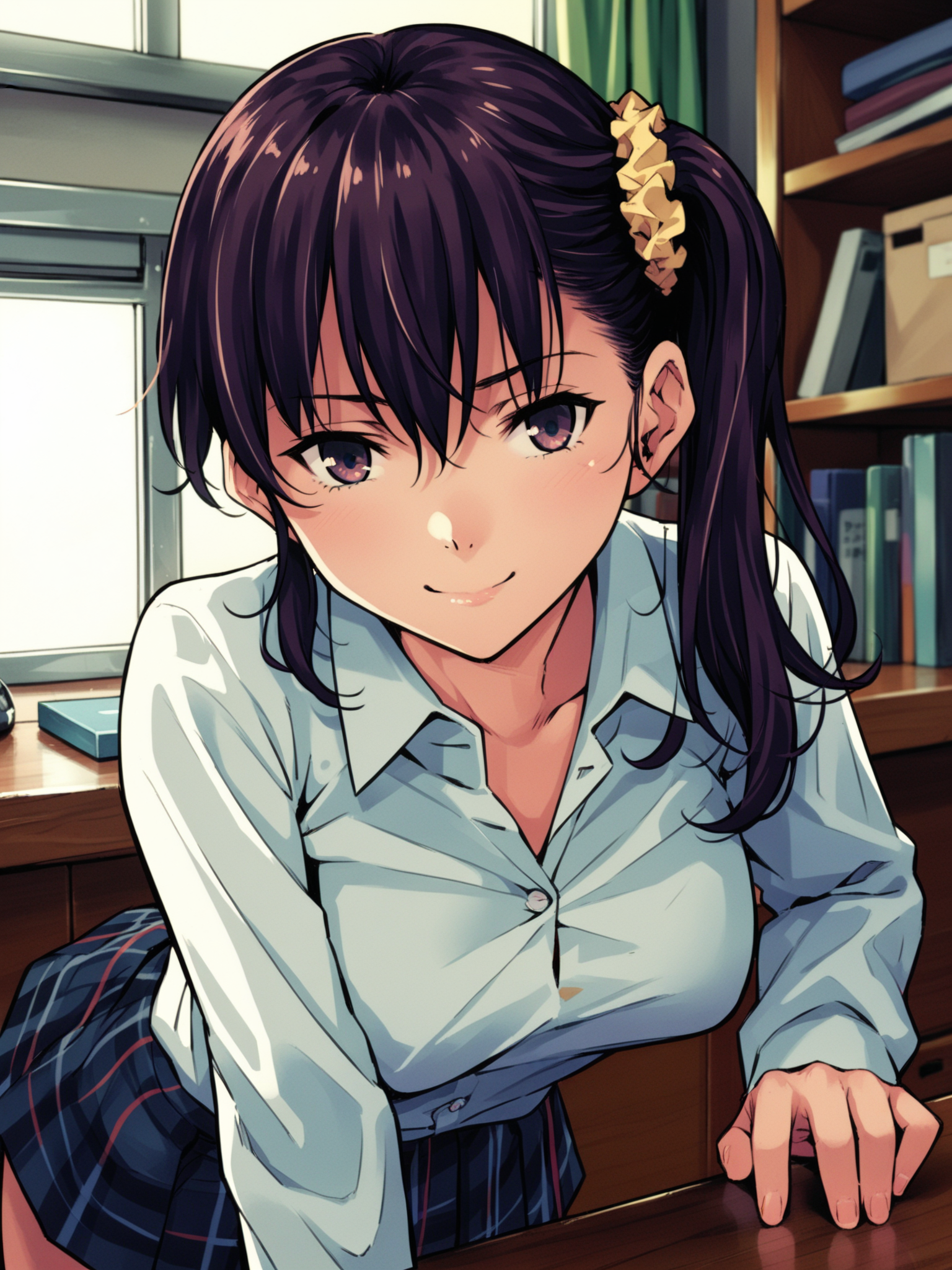 <lora:happy_tentacle-risa-v0.3-000030:1>, ht_risa, side ponytail, collared shirt, long sleeves, pleated skirt, plaid skirt, kneehighs, hair scrunchie , indoors, 1girl, solo, upper body , , ( smile :1.1), , looking down , bent over, downblouse , facing viewer , score_9, score_8_up, score_7_up, score_6_up, score_5_up, score_4_up